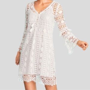 TALBOTS White Crochet Lace Fringe Dress Tie Tassels Boho Resort Beach Sz M NWT